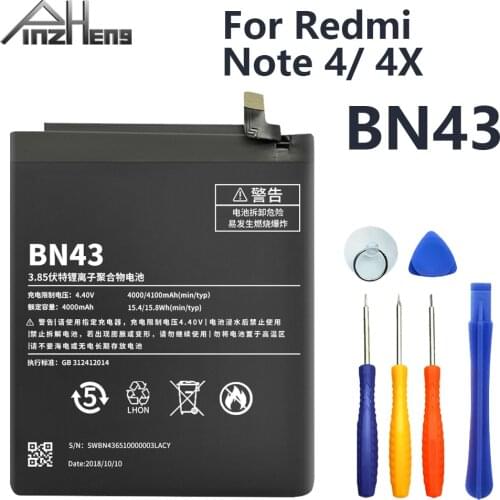 PINZHENG Phone Battery For Xiaomi Redmi Note 4 Note 4X BN43 Snapdragon 625 4000mAh Real Capacity Replacement Baterries + Tools