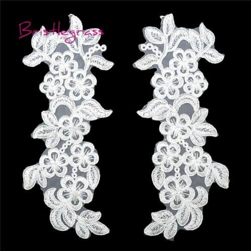BRISTLEGRASS 1 Pair Off White Embroidered Flower Vine Applique Patches Tulle Mesh Lace Trims Bridal Wedding Dress Costume Sewing