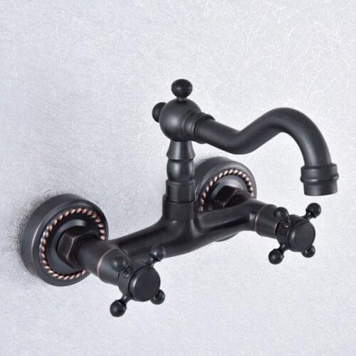 Bathroom Oil Rubbed Bronze Wall Mounted Type Basin Wash Of Cold Hot Water Double Style Faucet Round Base Nsf737