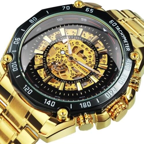 WINNER Retro Watch Mens Watches Top Brand Luxury Gold Skeleton Mechanical Watch Men Automatic Stainless Steel Strap Male Reloj