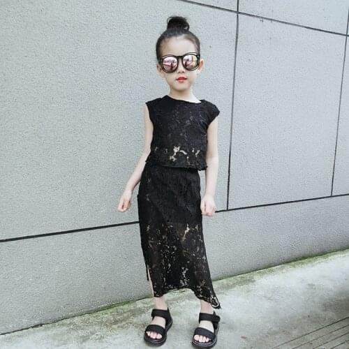Black Baby Girls Lace Suit Sleeveless Vest + Split Skirt Outfit Hollow Out Kids Clothing See Trough Mesh Streetwear 3 to 12 year
