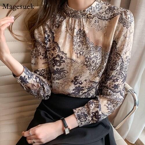 Elegant Vintage Printed Blouse Women Casual Plus Size Stand Collar OL Woman Shirt Long Sleeve Tops Female Clothing Blusas 13089