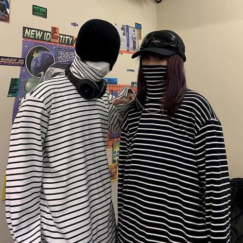 Punk T-shirt Men Tshirt Women Couples Harajuku Bf Wind Loose Striped High-necked Long-sleeved Students Bottoming Clothes