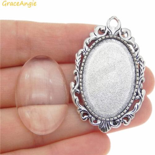 GraceAngie 2 sets Antiqued Silver Brooch Base+Glass Oval Cabochon Vintage Brooch Pin Accessory DIY Jewelry Findings