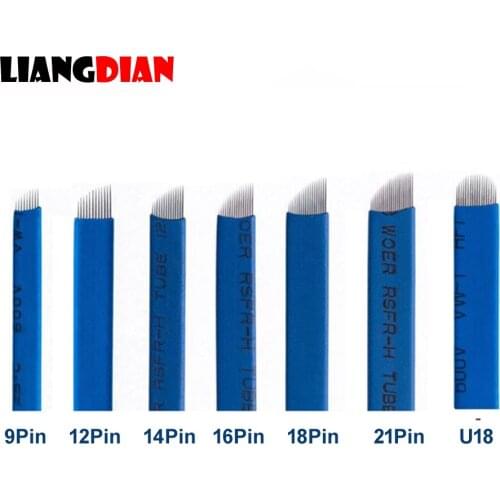 HiBeauty 50pcs/lot Sterilized Blue 12 14 16 17 18 Pin Permanent Makeup Blade Manual Embroidery Eyebrow 3D Tattoo Needle