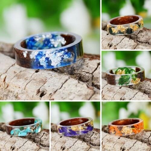 1PC Unisex Fashion Vintage Anniversary Ring Novelty Handmade Wood Resin Ring Flowers Plants Insided Romantic Gift Ring for Lover