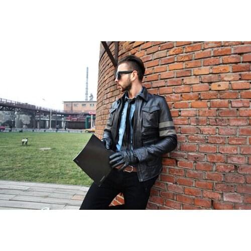 Genuine Jackets Men Oblique Motorcycle Mens Black Pilot Leather Jacket Jaquetas De Couro Masculino WXF023