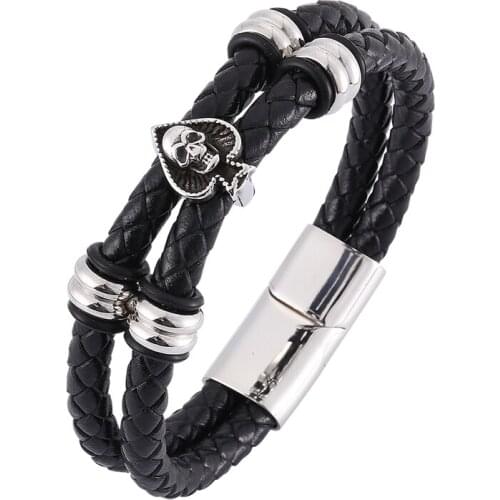 Men Bracelet Double Layer Braided Leather Bracelet Skull Spades Stainless Steel Magnetic Clasp Male Jewelry PD0327