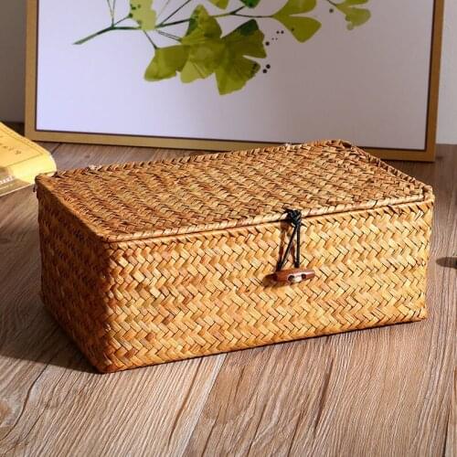 New Vintage Seaweed Woven Storage Basket Box Girl Cosmetic Makeup Bag Hand-Woven Straw Clothes Debris Desktop Plastic Organizer