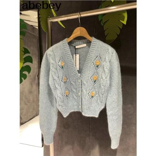 Spring new style light blue flower embroidery knit short sweater cardigan female niche design long-sleeved jacket