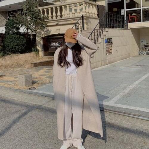 2021 Winter Korean Double Sided Long Handmade Black 100% Wool Coat Women Bathrobe Type Lacing Belt Plus Size Woolen Overcoat