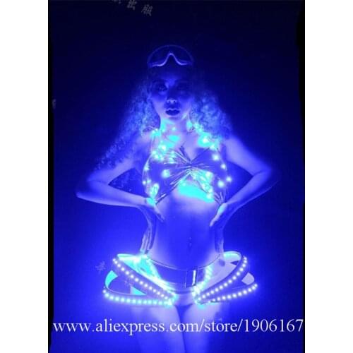 Festival party opening female songs combination play gogo blue led luminous bikini dance stage costumes