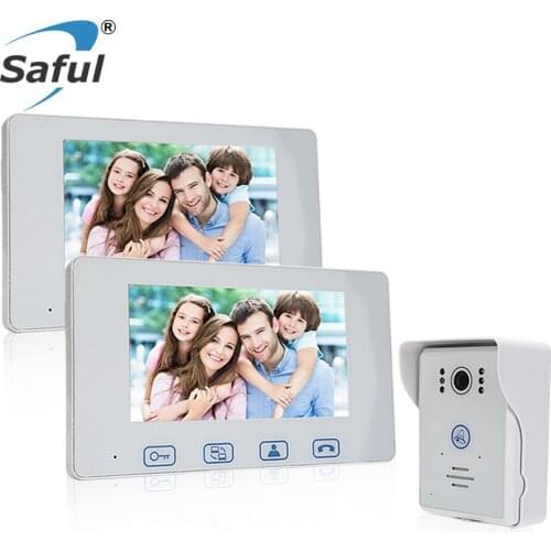 Saful 7" Color Screen Wired Video Door Phone Intercom System Unlock Function Night Vision 1 Waterproof Door Camera + 2 Monitor