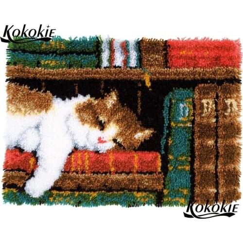 Diy yarn latch hook kits rug printed canvas crochet tapis sleeping cat needle for carpet tapestry kits pattern latch hook kussen