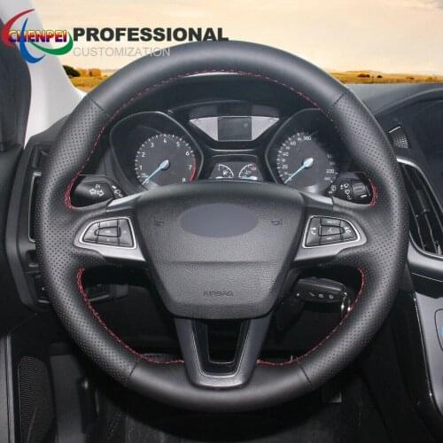 DIY Hand-Sewn Non-Slip Black Leather Car Steering Wheel Cover For Ford Focus Ecosport Escape Car Interior Accessories