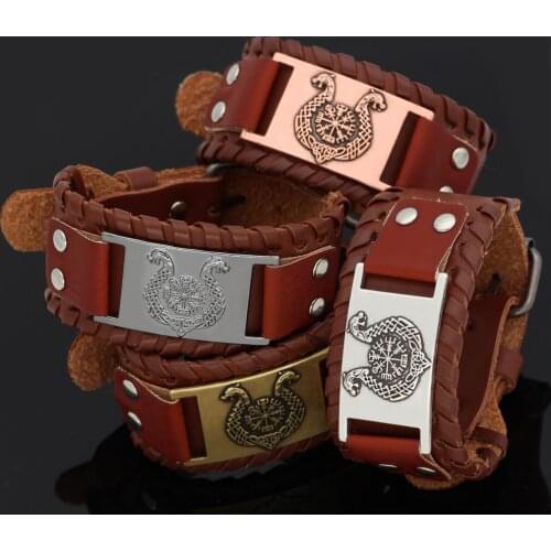 Nordic viking Dragon ship vegvisir leather amulet bracelet -adjustable size 19-31 cm