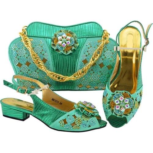Fashion water green women kitten heel shoes with crystal flower design african shoes match purse set for dress MM1073,heel 3.5CM