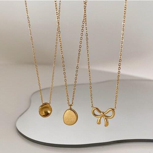 VSnow Simple Vintage Gold Irregular Circle Geometric Letter Bowknot Pendant Necklace for Women Textured Hollow Necklace Jewelry