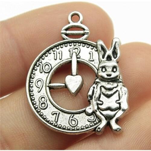 WYSIWYG 4pcs 31x25mm Pendant Rabbit And Clock Rabbit And Clock Charm Pendants For Jewelry Making Rabbit Clock Pendants