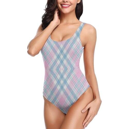 Womens One-Piece Bathing Suits Sexy Swimsuits Teen Girls Tummy Control Pink Blue Plaid Rustic Christmas Personalized