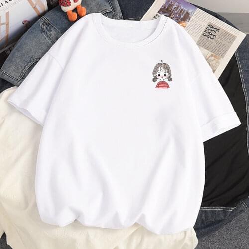 100% Cotton Summer White Oversized T-shirts Harajuku Cartoon Anime Kawaii Curly Haired Girl Loose Short Sleeved T Shirts Women
