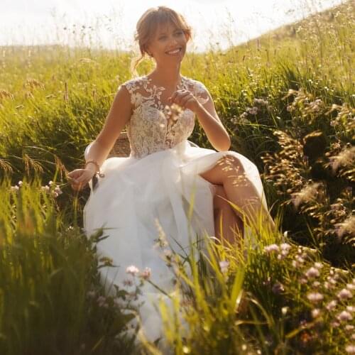 Thinyfull 2021 Boho Wedding Dresses Illusion Neck And Back A Line Bride Dresses Tulle Lace Appliques Vestido De Novia 2020