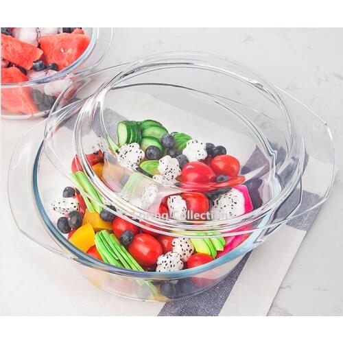 0.65/1/1.4L Heat-resistant tempered glass bowl household transparent microwave oven with lid double ears steaming soup bowl