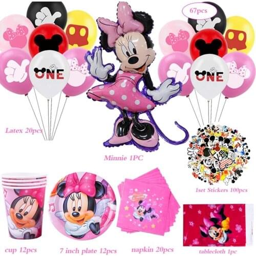 67pcs Girl Faovr Disney Minnie Mouse Theme Birthday Party Decoration Disposable Plate Sticker Party Supplies Birthday Tableware