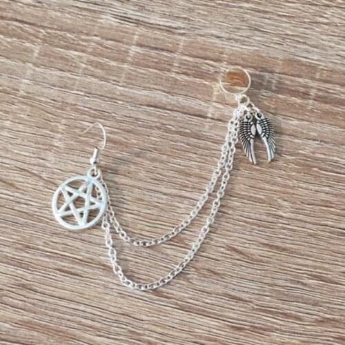 Antique Silver Pentagram Earring, Wing Ear Cuff, Supernatural Jewelry, Chain Ear Cuff, Guardian Double Angel Wing Charm