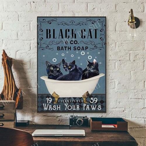 Black Cat & co. Bath Soap Wash Your Paws - Cat Poster - Wall Decoration - Best gifts ever-Cat wall hanging- Black Cat Poster
