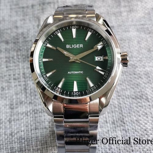BLIGER New Sapphire Crystal Green Mechanical Men Watch 24 Jewels NH35A Steel Bracelet Seeing Glass Backcover Date Display