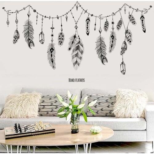 Black Boho Feathers Wall Stickers For Bedroom Living Room Bathroom Bar Kitchen Wall Decor Removable Art Decals Mural Diy