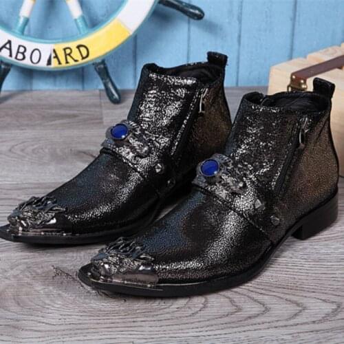 Christia Bella Plus Size Metal Pointed Toe Male Black Short Boots Party Men Ankle Boots Classic Man Business Formal Zipper Boots
