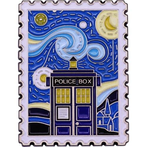 Van Gogh Starry Night Tradis Time Machine Police Box Stamp Enamel Brooch Pins Badge Lapel Pins Alloy Metal Fashion Jewelry