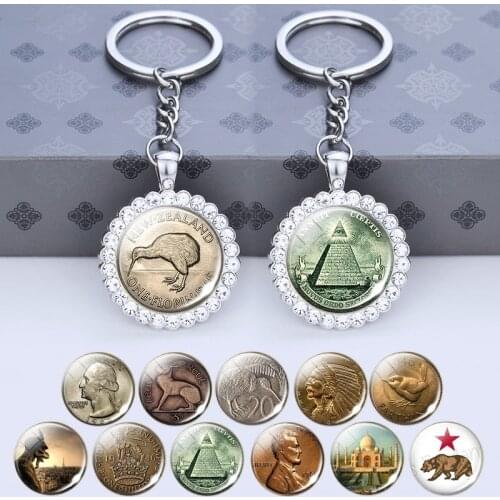 All Seeing Eye Keychain Illuminati Dollar Bill Key Ring Coin Jewelry Glass Cabochon Rhinestone Pendant Pyramid Keyring Gift