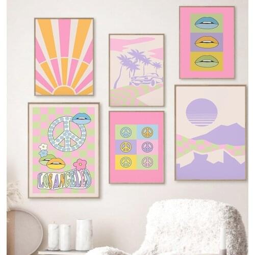 LA Palm Tree Car Sun Mountain Aesthetics Wall Art Canvas Painting Nordic Posters And Prints Wall Pictures For Living Room Decor