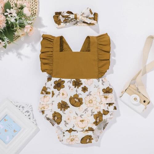 Summer Newborn Baby Girls Clothes Set Baby Girl Ruffled Bodysuit Suit Baby Bodysuit Headband Infant Clothes Set