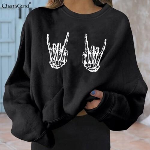 2021 New Oversized Sweatshirt Women Autumn Streetwear Printing Skull Gesture Print Hoodies Pullovers Harajuku Girl Gothic Top