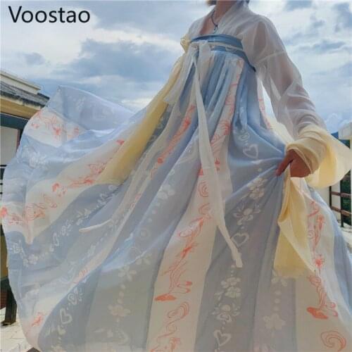 Chinese Style Sweet Princess Hanfu Dress Ancient Traditional Women Tang Dynasty Floral Print Party Dresses Female Dance Costumes