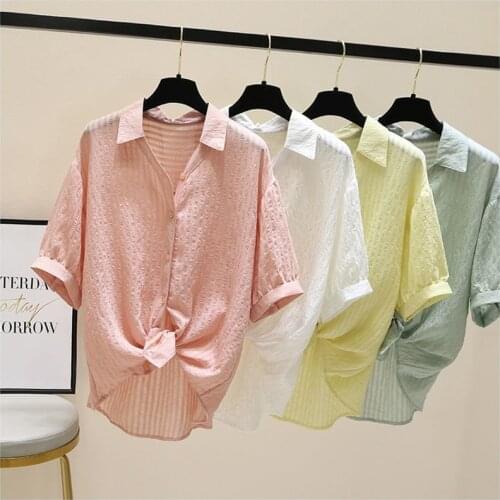 Casual Loose Womens Shirts 2021 Summer New Fashion Turn-down Collar Short Sleeve Blouse White Shirt Women Tops Streetwear Y973