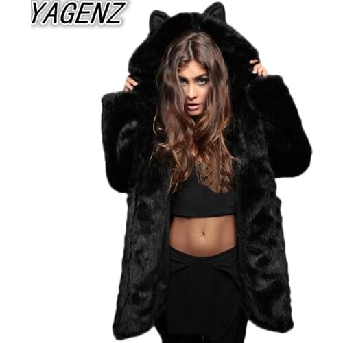 Faux Fur Coat 2019 New Ladies Ears Cartoon Hooded Collar Faux Fur Coat Plush Coat Faux Fur Hood Animal Hat Ear Women Outerwear
