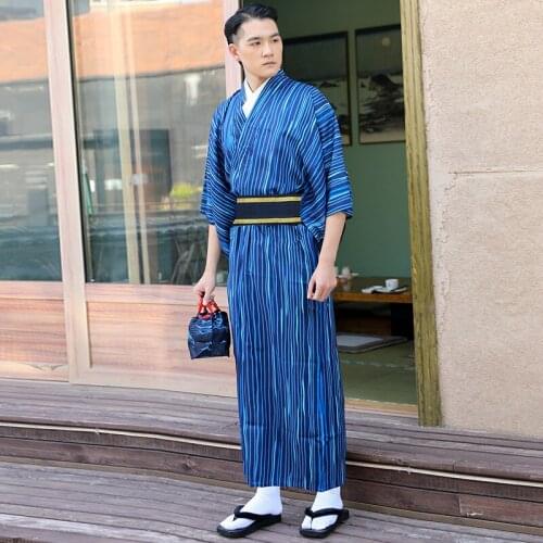 Vintage Japanese Style Traditional Kimono For Men Adults Male Yukata Samurai Costume Hekoobi Striped Performance Show