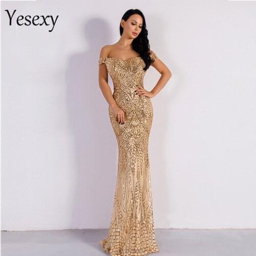 Yesexy 2021 Sexy Women Off Shoulder v-neck party dress sequin backless maxi dress VR4912