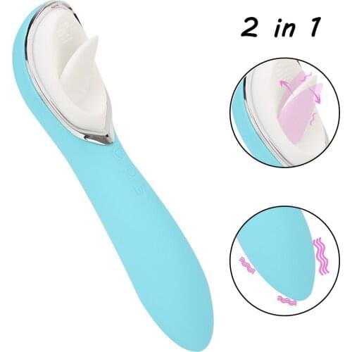 Tongue Licking Vibrators 2 in 1 Vibrating Dildo Wand Nipple Clitoris Stimulator Vagina Massager 10 Speeds Oral Sex