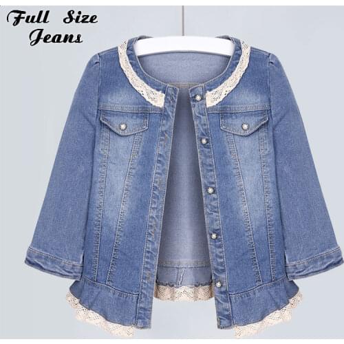 Women Plus Size Lace trim round collar Crop Jean Jacket 5XL 3/4 Sleeve Light Blue Bomber Short Denim Jackets Casual Jeans Coat