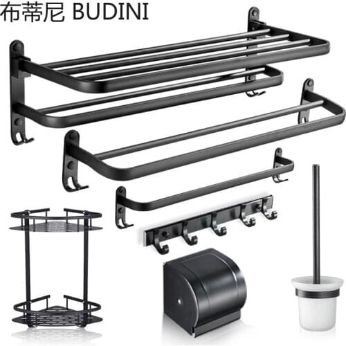 Black Matte Stainless Steel Hardware Towel Rail Rack Roll Paper Holder Toilet Brush Holder Punch-free Bathroom Accessories