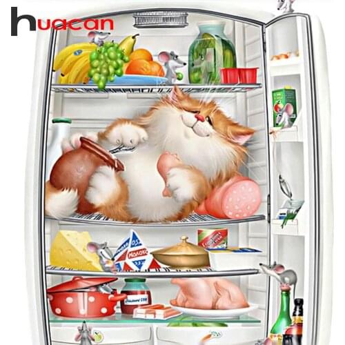 Huacan 5D DIY Diamond Embroidery Cat In Fridge Diamond Painting Cartoon Cross Stitch Mosaic Full Square Rhinestones Home Decor