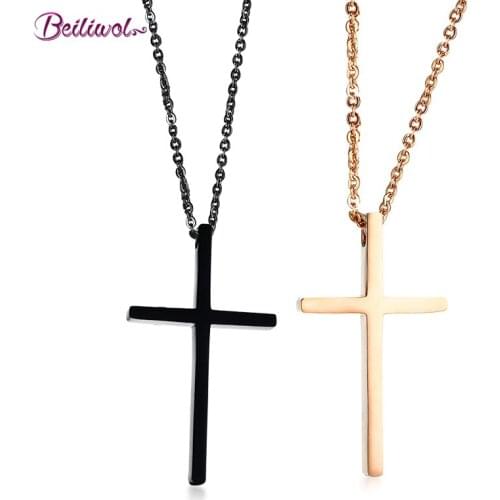 Beiliwol Cross Necklaces & Pendants for Lovers' 316L Stainless Steel Prayer Religion Jewelry for Women Rose Gold Color Men Gift