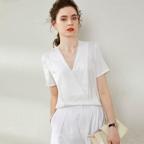 100% Silk Blouse Women Shirt Simple Design Loose V Neck Short Sleeve Solid 2 Colors Loose Office Top Elegant Casual New Fashion