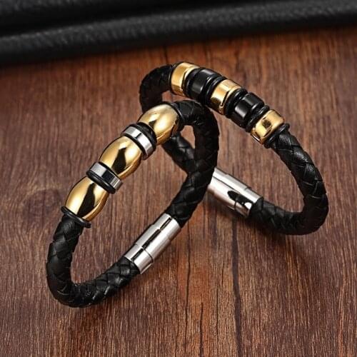 XQNI Brand Black Genuine Leather Gold Trendy Charm Bracelet Men Gift Magnet Punk Rock Jewelry Stainless Steel Cuff Bangle women